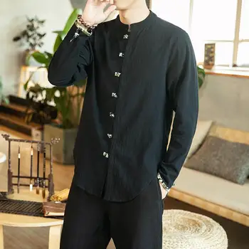 M-5XL Plus Velikosti Vintage Pánské Office Košile Dlouhý Rukáv Čínský Límec Jednoho Breasted Lněné Košile Pro Muže Podzim Streetwear