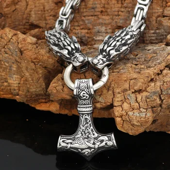 Muži z Nerezové oceli Nordic viking vlčí hlavy s thor kladivo přívěskem náhrdelník s Král řetěz