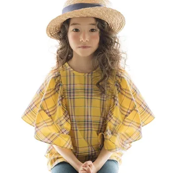 Módní 2020 Jarní Dívky Kostkované Košile New Příjezdu Roztomilé Děti Bell Rukáv Košile pro Dospívající Dívky Bavlněné Dětské Girls Tričko