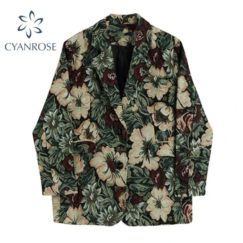 Módní Květinové Tisk Vintage Sako Ženy 2020 Podzim Zima Korean Volné Ležérní Kabát Dlouhé Rukávy Kapsy Svrchní Oděv Dámské Bunda