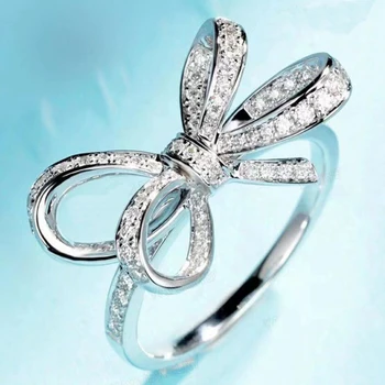 Módní Luxusní Ženy Luk Uzel Strana Prstenů s Stříb Barva Crystal Zirkony Zásnubní Prsten Šperky Dárek