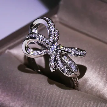 Módní Luxusní Ženy Luk Uzel Strana Prstenů s Stříb Barva Crystal Zirkony Zásnubní Prsten Šperky Dárek