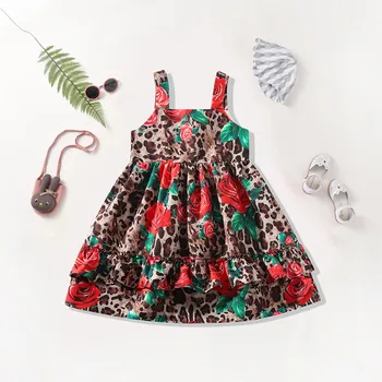 Nový vzor růžové šaty pro dívky 2-5T letní pláž holiady boho popruh vesta šaty Leopard květinové princezna 90-130CM šaty