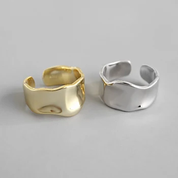 Peri'sBox 2019 Trendy 925 Sterling Silver Široký Prsten Vlnitými Hranami Nepravidelné Prsteny pro Ženy, Jedinečné Lesklé Robustní Prsten Nastavitelný