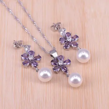 Propagace náušnice náhrdelník set sladkovodní pearl stříbrná barva sada šperků pro ženy bílý kubický zirkon květinové šperky