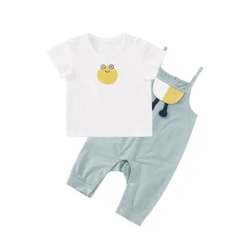 Pureborn 2 Ks Dětské Tričko+Kalhoty Se Šlemi Unisex Dětské Oblečení Set Prodyšné Bavlny Krátký Rukáv Dětská Trička Karikatura Kalhoty Letní Outfit