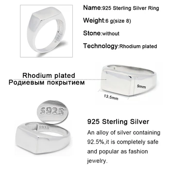 Real 925 Sterling Silver Pečetní Prsten pro Muže, Ženy, Obdélník Klasické Jednoduché Kroužky pro Milovníky Páry, Svatební Kapela Šperky Dárek