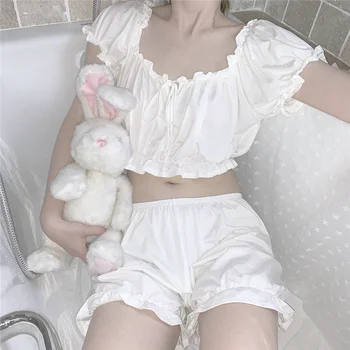 Roztomilé Japonské Bílé Pyžama Nastaví Ženy Bavlněné spodní Prádlo Sexy oblečení na Spaní Tričko a Šortky 2 Ks pro Dívky Ležérní Homewears Oblečení