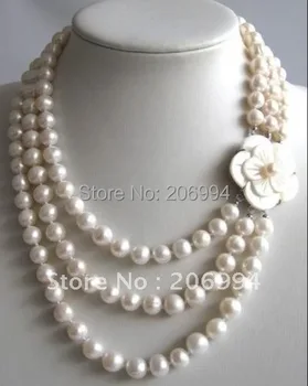 Ručně vyráběné Stylové 3 řádky 7-8 mm Bílé sladkovodní Pearl Náhrdelník, Shell, Květina Spona pearl Šperky módní šperky