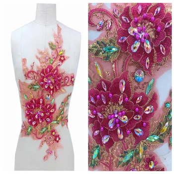 Růžová/zelená šít na kamínky, krajky nášivka krystaly čalounění skvrny 45*28cm pro šaty DIY příslušenství