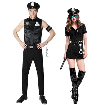 Sexy Páry Černý Cop Kostýmy Halloween pro Ženy, Muži, Film, Hra, Stage Bar Policie Halloween Cosplay Kostým