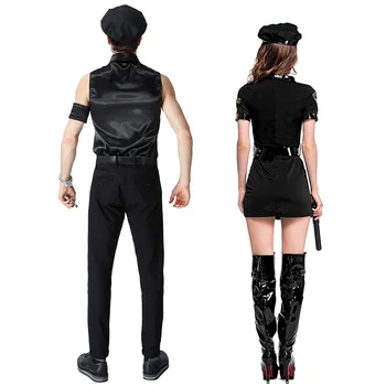 Sexy Páry Černý Cop Kostýmy Halloween pro Ženy, Muži, Film, Hra, Stage Bar Policie Halloween Cosplay Kostým
