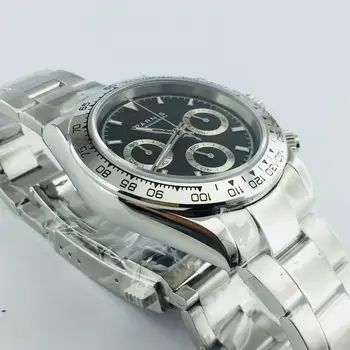 Solidní 39mm PARNIS Quartz pánské hodinky Plný Chronograf black dial světelný safírové sklo, stříbrný rámeček zastavit hodinky muži pa13
