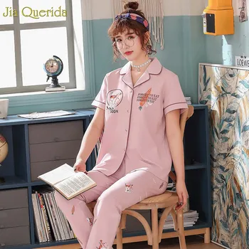 Spací Obleky Ženy, Bavlna Pyžamo Set Módní Domácí Oblečení Růžová Noc Nosit Krátké Rukávy Dlouhé Kalhoty Student dívčí Pyžama