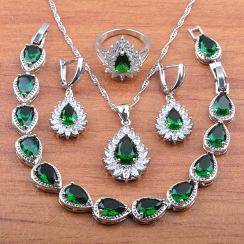 Stříbrná Barva Vody Drop Šperky Sady Zelené Zirkony Ženy Módní Kostým Příslušenství Nezávislé Dárkové Krabičce JS0392