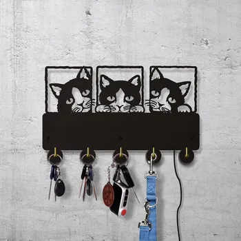 Třílůžkový Vykukující Kočky Nástěnný 5-hákový Klíč Rack Rustikální Domova pro Vjezd Mudroom Roztomilé Koťata Kabát, Klobouk, Pytel Visí Organizátor