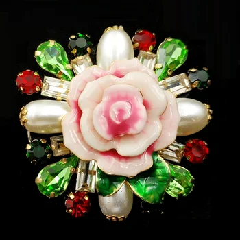 Vintage Drahokamu List Růžový Porcelán Růže Květ Brož Napodobil Pearl Red Green Stone Cluster čína Růže, Špendlíky, Bižuterie