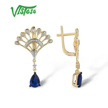 VISTOSO Zlaté Náušnice Pro Ženy, 14K Žluté Zlato 585 Zářivě Modrý Safír, Elegantní Diamantové Výročí Svatby Jemné Šperky