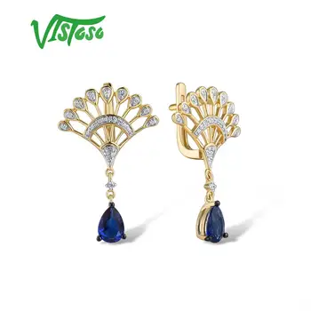 VISTOSO Zlaté Náušnice Pro Ženy, 14K Žluté Zlato 585 Zářivě Modrý Safír, Elegantní Diamantové Výročí Svatby Jemné Šperky