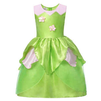 Víla Tinkerbell Šaty Princezny Křídla pro Dívky Fantazie Šaty Kostým Květiny Zelený List Víla Elfové Cosplay Clohting s Parukou