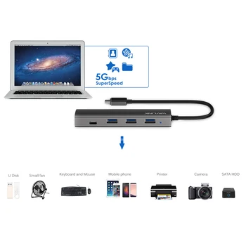 Wavlink 4 Porty Rozbočovač USB 3.0 USB-C Splitter Hliníkový High Speed 5Gbps USB 3.1 Typ C Hub Plug & Play Pro MacBook Notebook