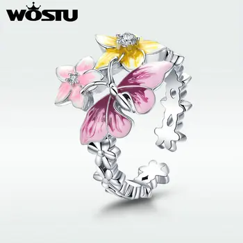 WOSTU Původní Stříbrná Barva Butterfly & Flower Barevné Prst Oslňující Prsten Módní Šperky Dárek, Zásnuby Svatba ZBFR199