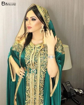 Zelené Výšivky Hidžáb Večerní Šaty Kaftan Robe De Soirée-Line Satén Dlouhý Ženy Formální Šaty V Dubaji Je Arabština Večerní Šaty