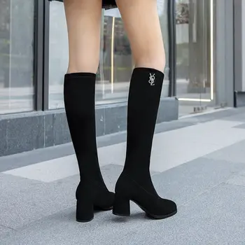 Zimní dámské boty černé mid-trubky kolena vysoké semišové teplé dámské boty náměstí pata módní boty pro ženy