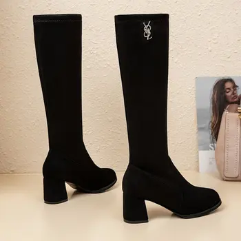 Zimní dámské boty černé mid-trubky kolena vysoké semišové teplé dámské boty náměstí pata módní boty pro ženy
