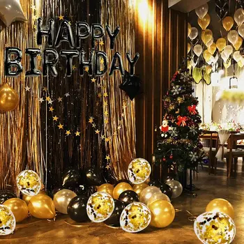Černé zlato, narozeniny, party dekorace happy birthday banner balón proužek závěs, hliníková fólie ubrus srdce konfety hvězdy b