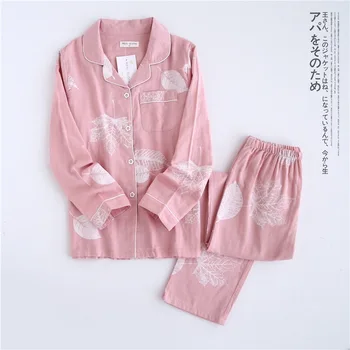 Čerstvé maple leaf pyžama nastaví ženy bavlněné gázy dlouhý rukáv ležérní oblečení na spaní ženy, pyžama pyjama para mujer