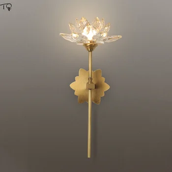 Čínský Zen Umění Mědi Křišťálové Nástěnné Svítidlo Lotus Flower Retro Vintage Svícen Zdi Indoo Osvětlení Pro Čaj Pokoj Ložnice Studie Cafe