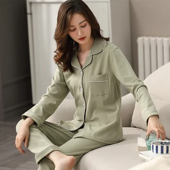 Ženy, Bavlna Pyžamo v Zimě Zelené oblečení na Spaní Dámy Dormir Pyžama Mujer Ložnice Domácí Oblečení Čisté Bavlny Pyžama Femme PJ