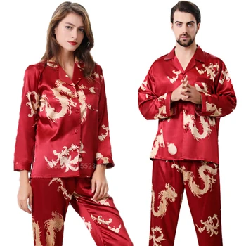 Ženy Hedvábí Saténové Pyžamo, Set 2ks Plný Rukáv Top Kalhoty Čínský Styl Nový Rok Dragon Print Lounge Muži Pár Pyžama Pyžama