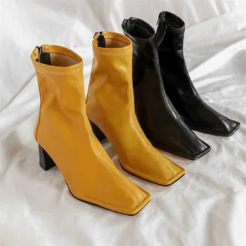 Žlutá Square Toe Ženy Kotníkové Boty Robustní Vysoké Podpatky Elastické Boot Ženské Slim Fit Ponožka Boty Módní Botas Mujer