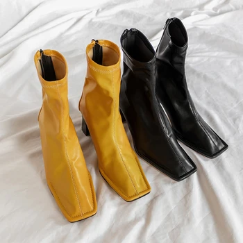 Žlutá Square Toe Ženy Kotníkové Boty Robustní Vysoké Podpatky Elastické Boot Ženské Slim Fit Ponožka Boty Módní Botas Mujer